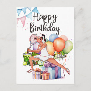 Carte Postale Joueuse de tennis avec le mot Joyeux Anniversaire 