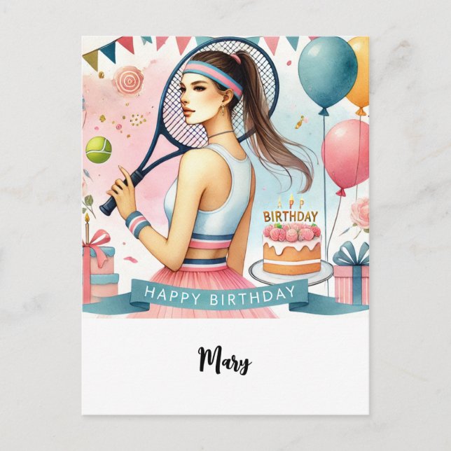 Carte Postale Joueuse de tennis avec un joli mot d'anniversaire (Devant)