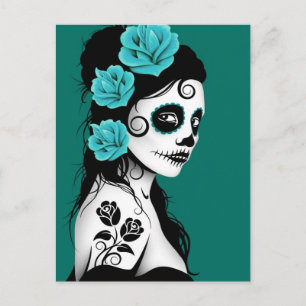 Carte Postale Jour bleu turquoise de la fille crâne de sucre mor