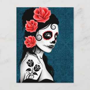 Carte Postale Jour de la fille crâne de sucre mort - bleu