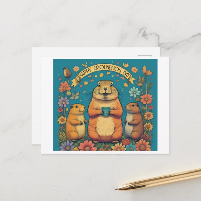 Carte Postale Jour de la marmotte : une célébration du printemps (Devant/Arrière en situation)