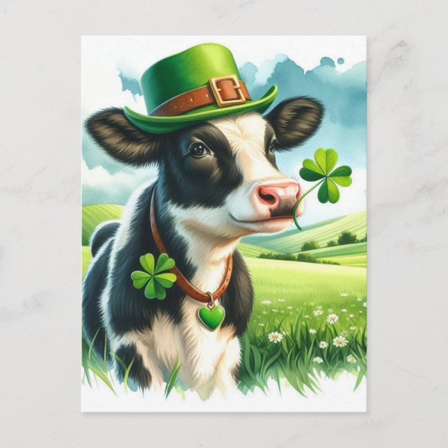 Carte Postale Jour de la Saint-Patrick adorable vache aquarelle  (Devant)