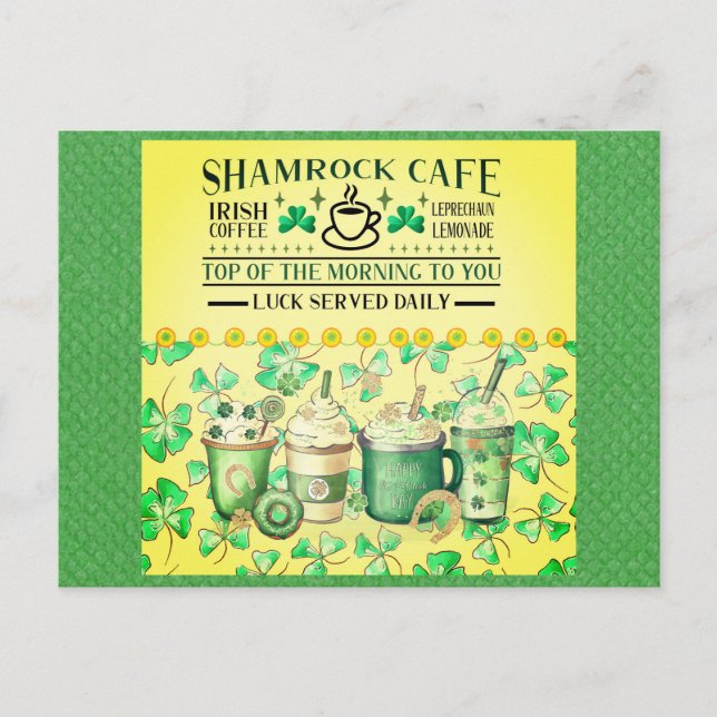 Carte Postale Jour de la Saint Patrick Green Shamrock Irish Cafe (Devant)