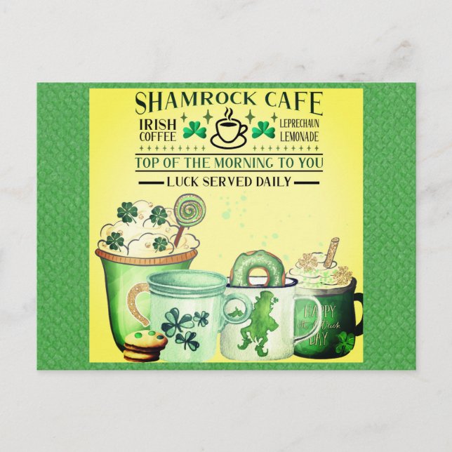 Carte Postale Jour de la Saint Patrick Green Shamrock Irish Cafe (Devant)