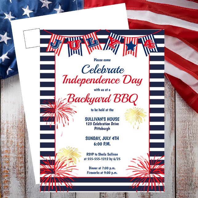 Carte Postale Jour de l'Indépendance Juillet 4 Bunting Jardin BB (Independence Day July 4th Bunting Backyard BBQ Postcard Invitation)