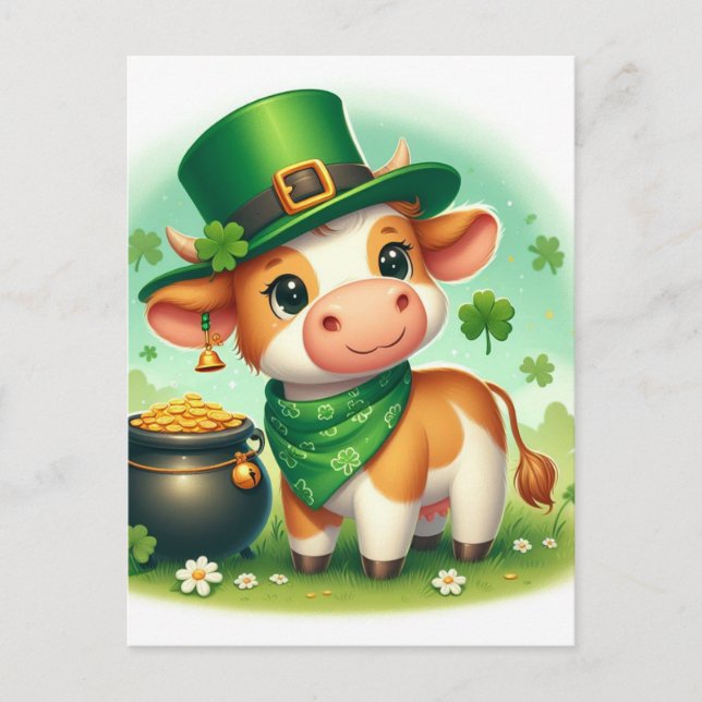 Carte Postale Jour de Saint-Patricks Brown et blanc Vache (Devant)