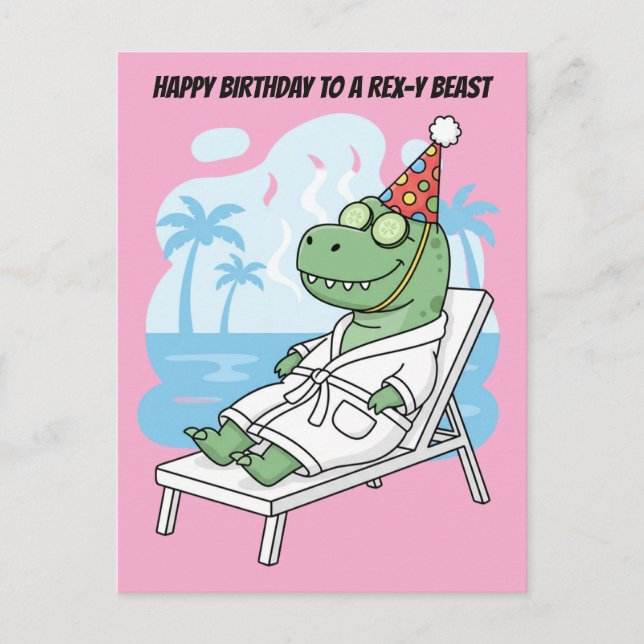 Carte Postale Jour de spa pour dinosaure d'anniversaire Rex-y Be (Devant)