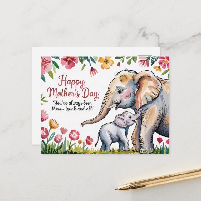 Carte Postale Jour des mères florales des petits éléphants et de (Devant/Arrière en situation)