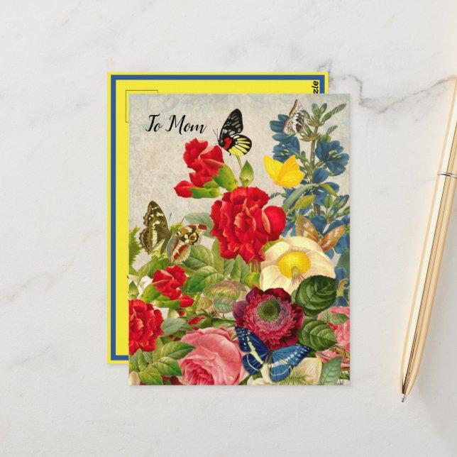 Carte Postale Jour des mères Jardin oeillets papillons Rose (Devant/Arrière en situation)