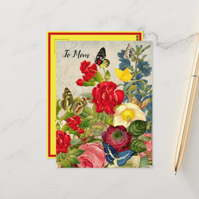 Carte Postale Jour des mères Jardin oeillets papillons Rose (Devant/Arrière en situation)