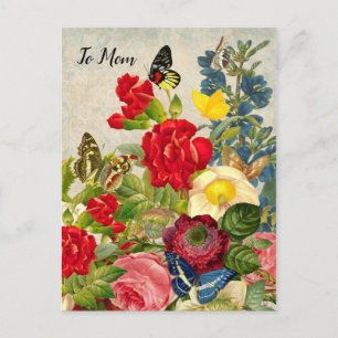 Carte Postale Jour des mères Jardin oeillets papillons Rose