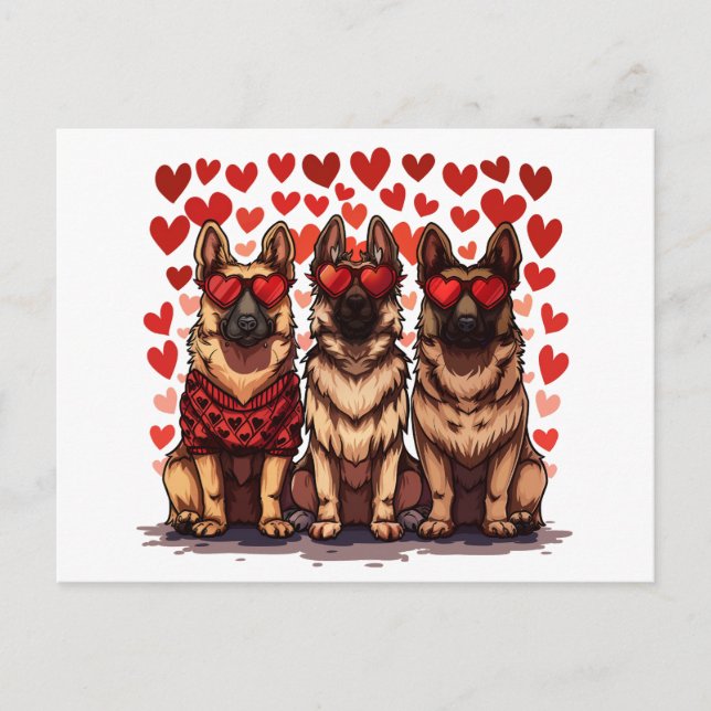 Carte Postale Jour des Valentines Chiens bergers allemands (Devant)