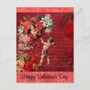 Carte Postale Jour des Valentines vintages Victorian Cupidon Ros