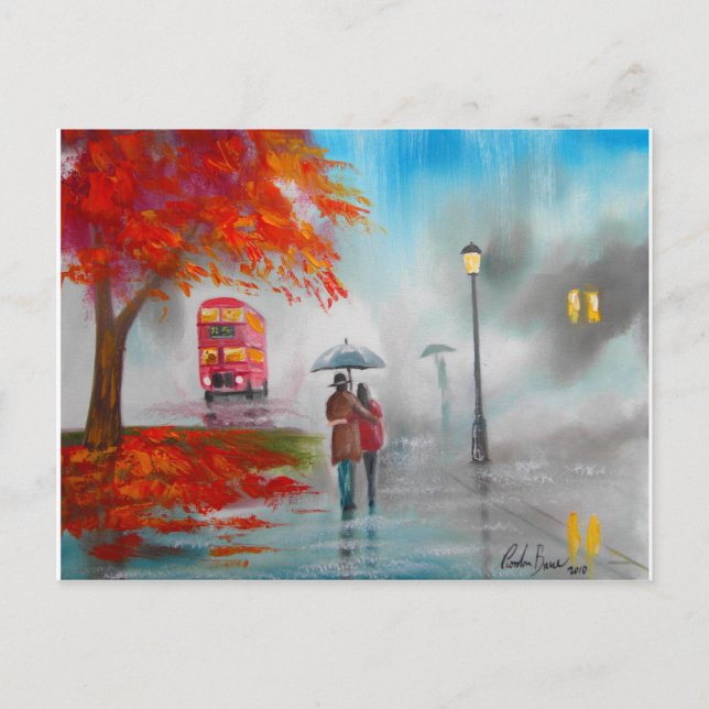 Carte Postale Jour pluvieux automne rouge bus peinture parapluie (Devant)