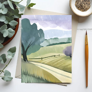 Carte Postale Jour Pluvieux Paysage de Collines à l'Aquarelle