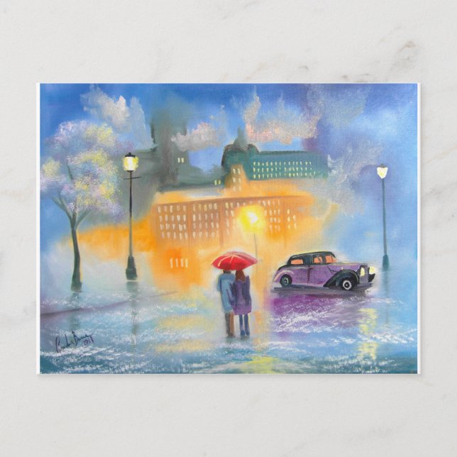 Carte Postale Jour pluvieux rouge parapluie romantique couple ma (Devant)