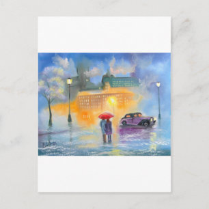 Carte Postale Jour pluvieux rouge parapluie romantique couple ma
