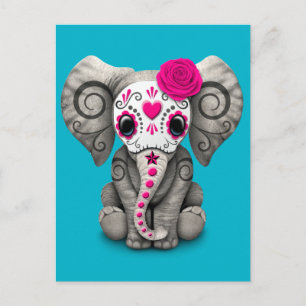Carte Postale Jour rose de la mort crâne de sucre bébé éléphant 