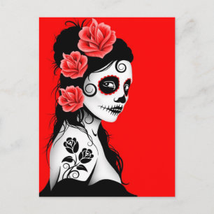 Carte Postale Jour rouge de la fille crâne de sucre mort