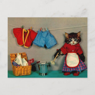 Carte Postale journée de lavage pour tabby kitten RPPC