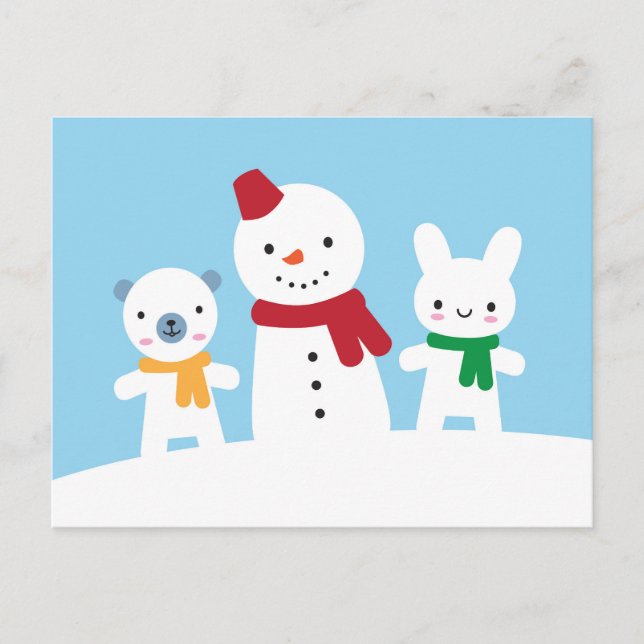 Carte Postale Journée enneigée kawaii avec lapin et ours (Devant)