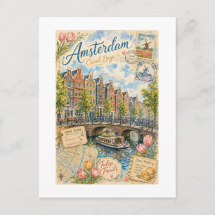 Carte Postale Jours de voyage sur les canaux d'Amsterdam vintage