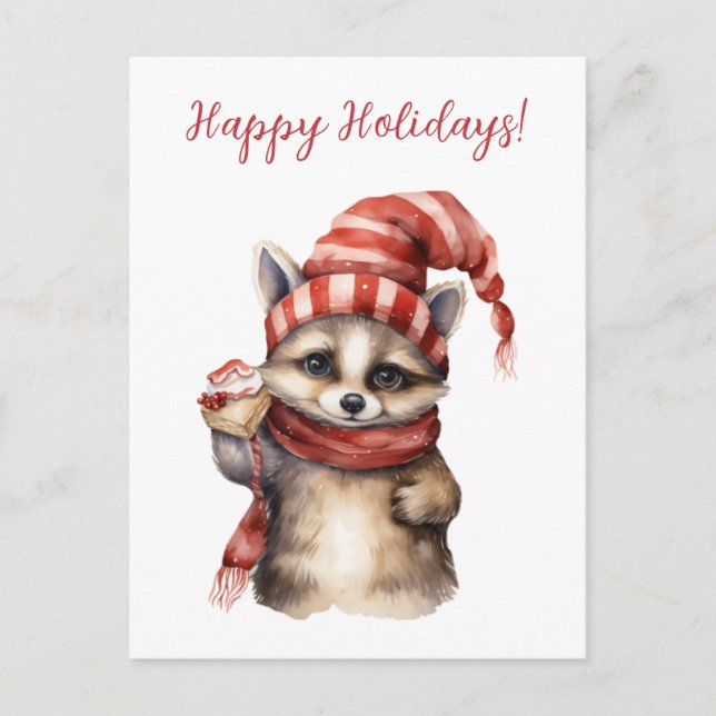 Carte Postale Jovely Happy Holidays Racoon Aquarelle (Devant)