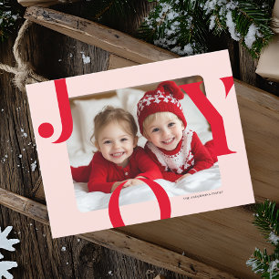 Carte Postale JOY Christmas Photo Famille moderne rouge et ros