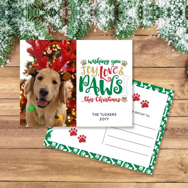 Carte Postale Joy Love Paws Chien de Noël Red Green Photo (Créateur téléchargé)