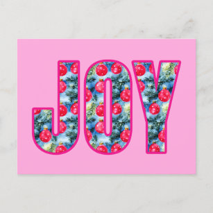 Carte Postale JOY Word Art à Fuchsia rose et vert Turquoise