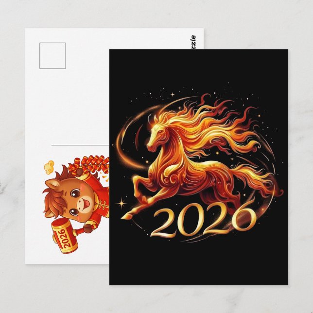 Carte Postale Joyeuse année chinoise du Cheval 2026 (Devant / Derrière)