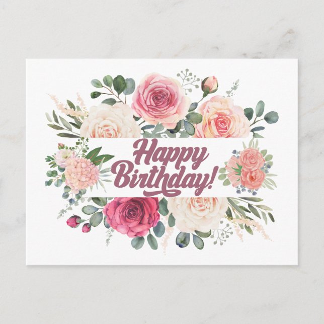 Carte Postale Joyeuse aquarelle d'anniversaire Roses Vintages Fl (Devant)