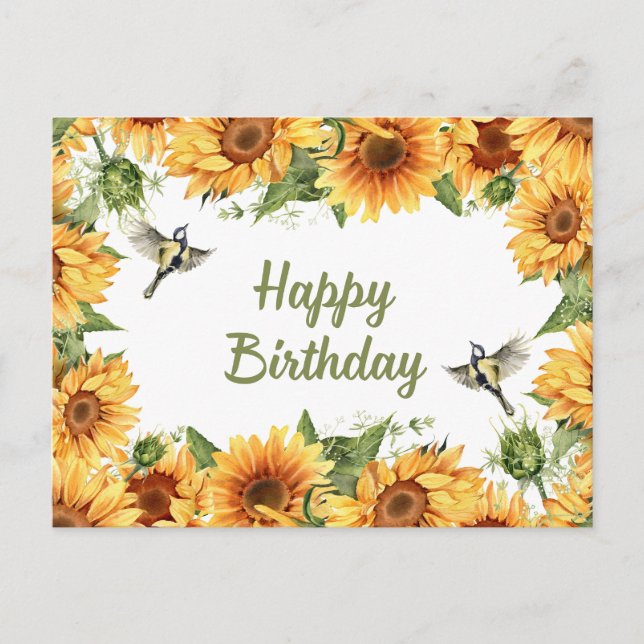 Carte Postale Joyeuse aquarelle d'anniversaire Sunflower & Birds (Devant)