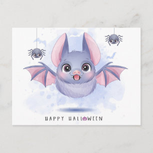 Carte Postale Joyeuse chauve-souris d'Halloween et araignées