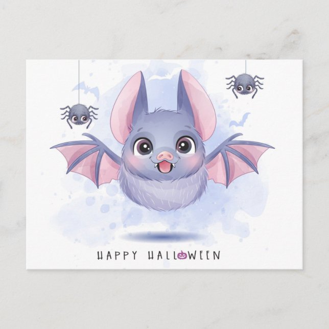 Carte Postale Joyeuse chauve-souris d'Halloween et araignées (Devant)