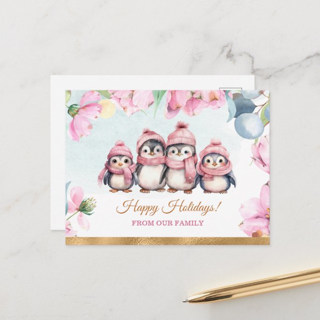 Carte postale Joyeuse de la famille Penguin (Devant/Arrière en situation)