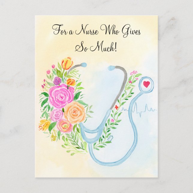 Carte Postale Joyeuse Fête des Infirmières Fleur Stéthoscope App (Devant)