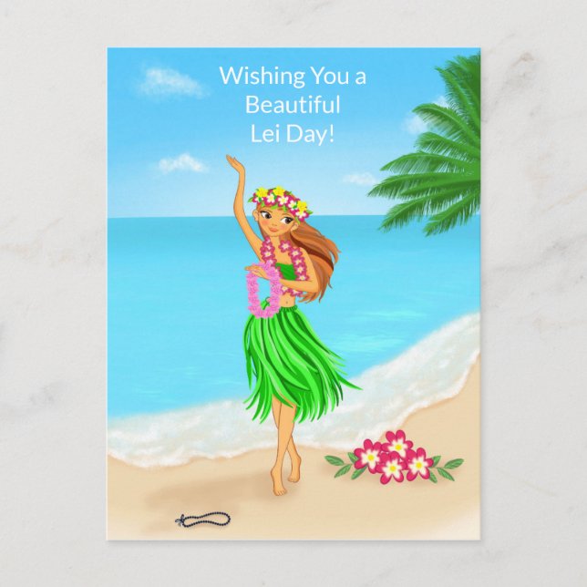 Carte Postale Joyeuse Fête des Lei Hawaïenne Fille de Hula Plage (Devant)