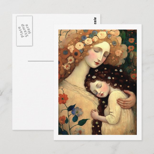 Carte Postale Joyeuse fête des Mères Peinture de mère et de fill (Devant / Derrière)