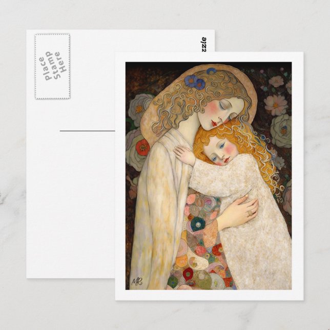 Carte Postale Joyeuse fête des Mères Peinture de mère et fille  (Devant / Derrière)