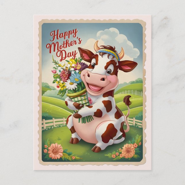 Carte Postale Joyeuse fête des mères Vache mignonne avec fleurs  (Devant)