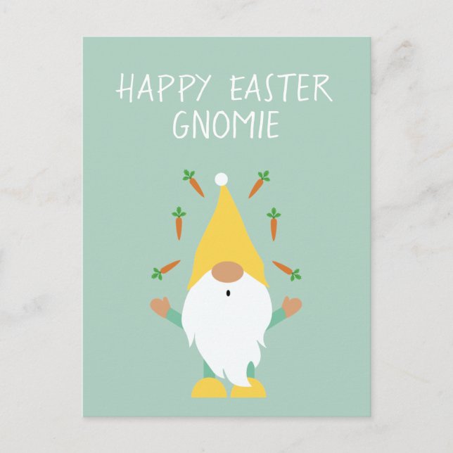 Carte Postale Joyeuse Gnomie de Pâques Jonglant des carottes (Devant)