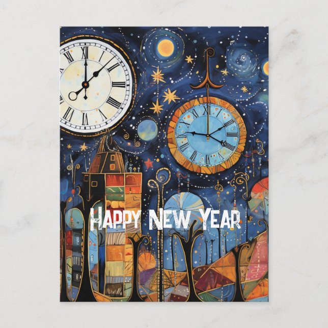 Carte Postale Joyeuse illustration fantaisiste de Nouvel An (Devant)