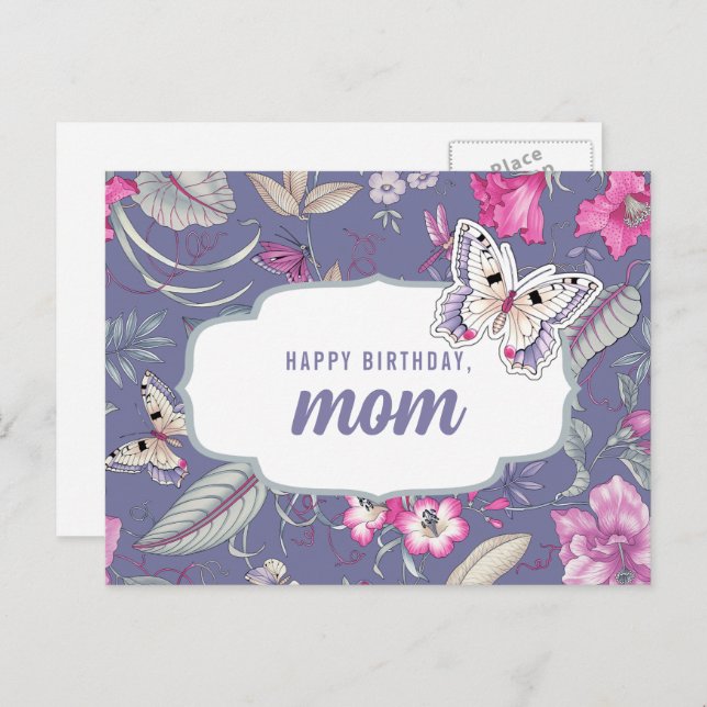 Carte Postale Joyeuse maman d'anniversaire. Fleurs et papillon a (Devant / Derrière)