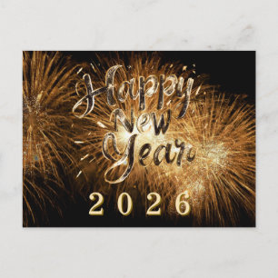 Carte Postale Joyeuse nouvelle année 2026 golden détails feu d'a