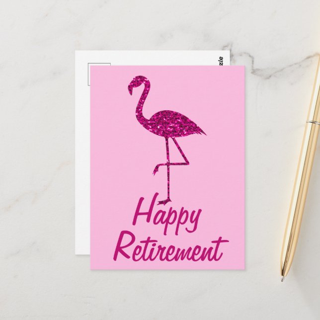 Carte Postale Joyeuse retraite flamant rose scintillant Texte pe (Devant/Arrière en situation)