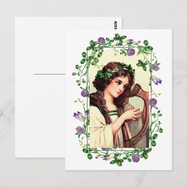 Carte Postale Joyeuse Saint-Patrick. Fille irlandaise avec harpe (Devant / Derrière)