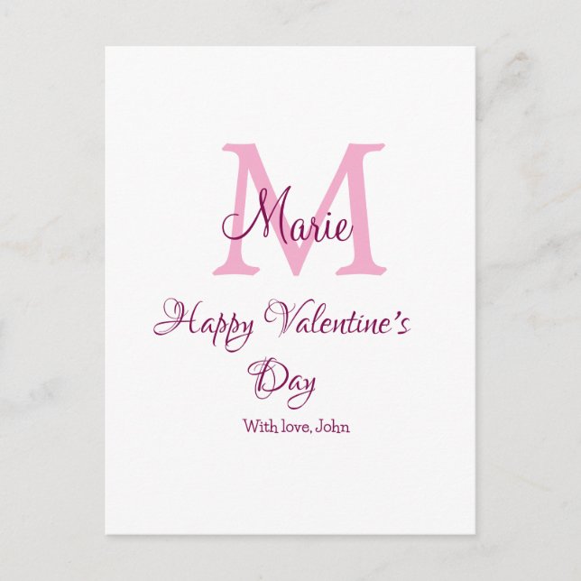 Carte Postale Joyeuse Saint-Valentin monogramme rose nom amour f (Devant)