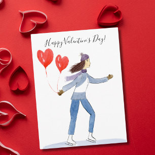 Carte Postale Joyeuse Saint-Valentin Patineuse Aquarelle