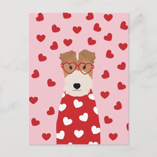 Carte Postale Joyeuse Saint-Valentin Wire Fox Terrier Chien Rose (Devant)